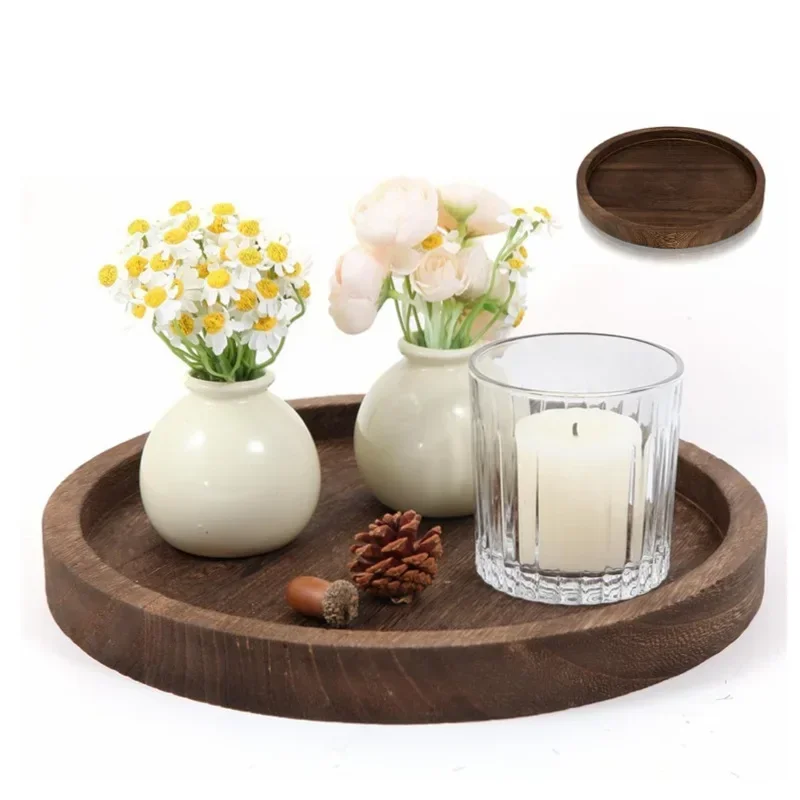 Decorative Wooden Serving Tray Rustic Round Wood Plate Vintage Centerpiece Candle Holder Tray Kitchen Countertop Ottoman