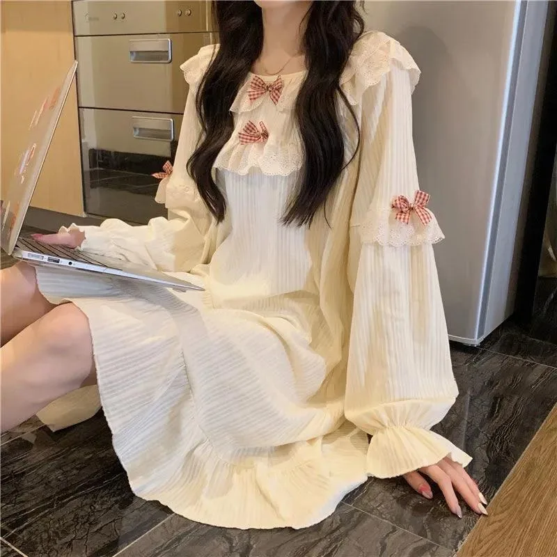 2024 New Women's Spring Autumn Korean Nightdress Loose Casual Student Sweet Sleepshirts Girls Long-sleeved Nightgowns Loungewear