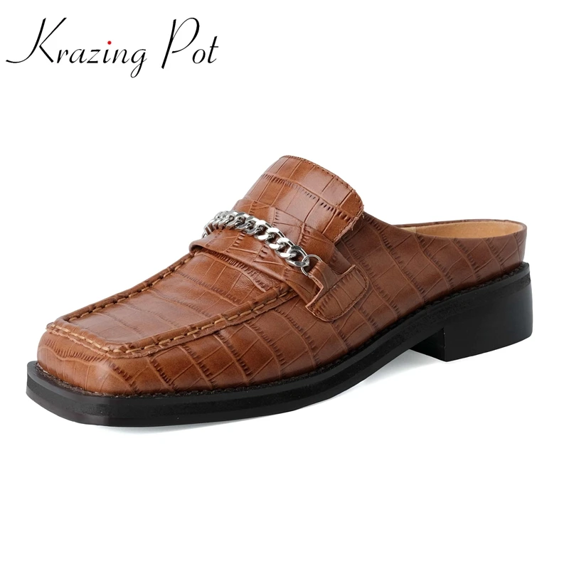 

Krazing Pot Big Size Genuine Leather Square Toe Med Heel Mules Chain Decoration Leisure Fashion Cozy Women Outside Slippers L84