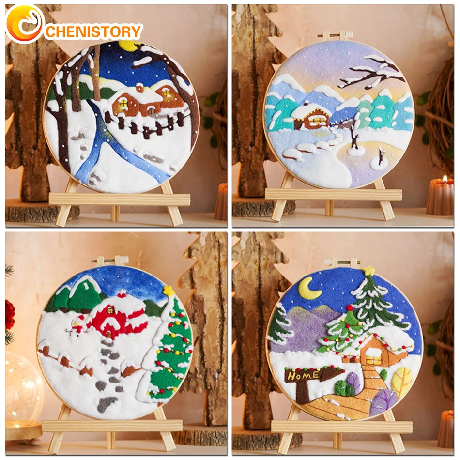 

CHENISTORY 20X20cm DIY Wool Painting With Embroidery Frame Snow Landscape Needle Felt Painting Handicrafts For Unique Gift New