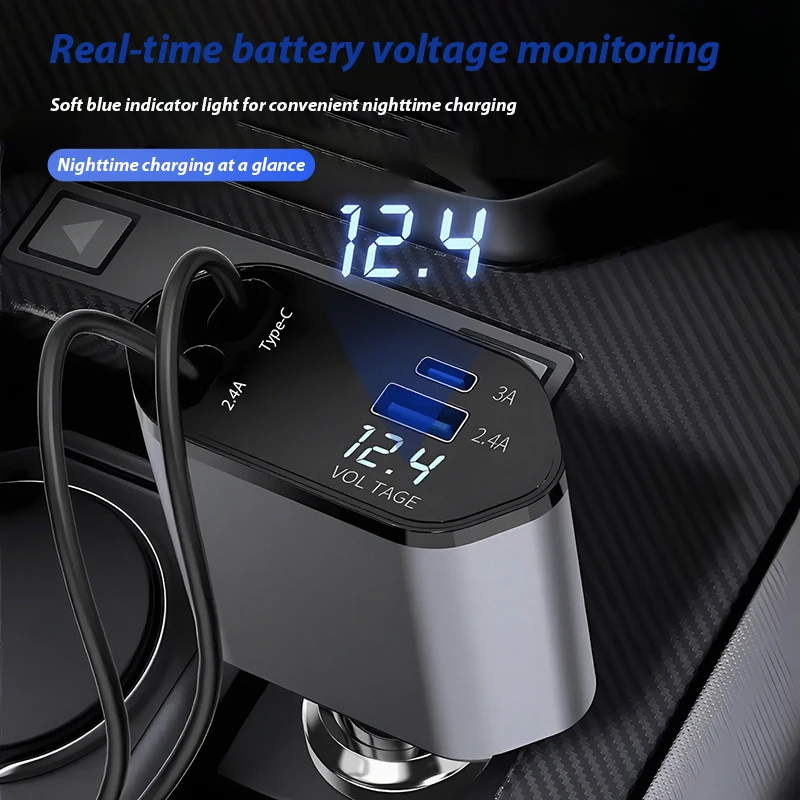 Retractable Car Charger with Starlight Type-C 120W Car Charger Adapter 4 in 1 Car Phone Charger with 2 USB Ports Star Top Light