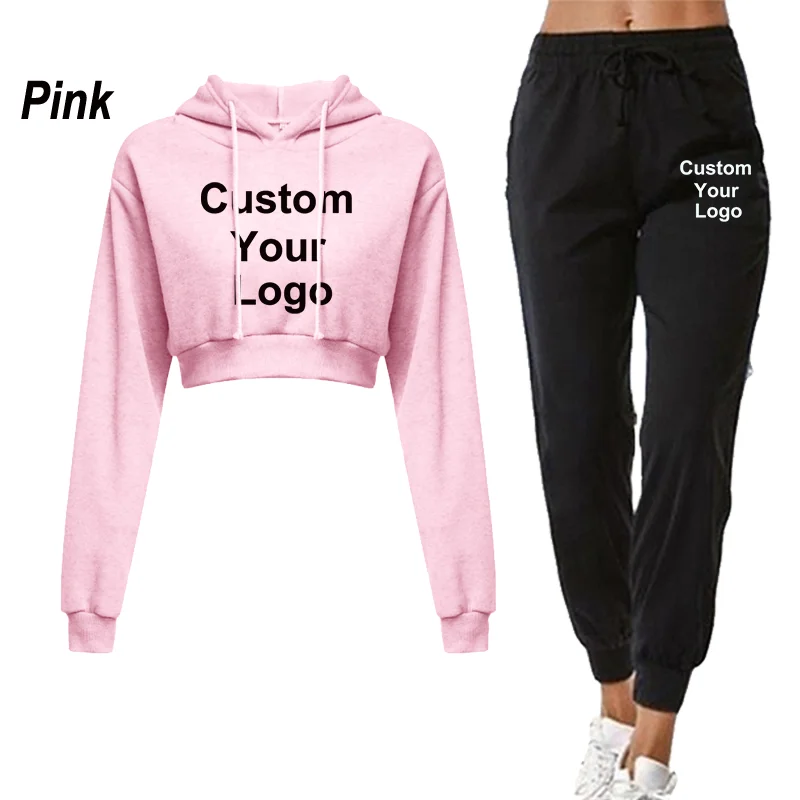 New Women 2 Piece Customize Your Logo Sweatsuit Outfits Crop Hoodies and Jogger Pants Tracksuit Casual Jogger Sets 5