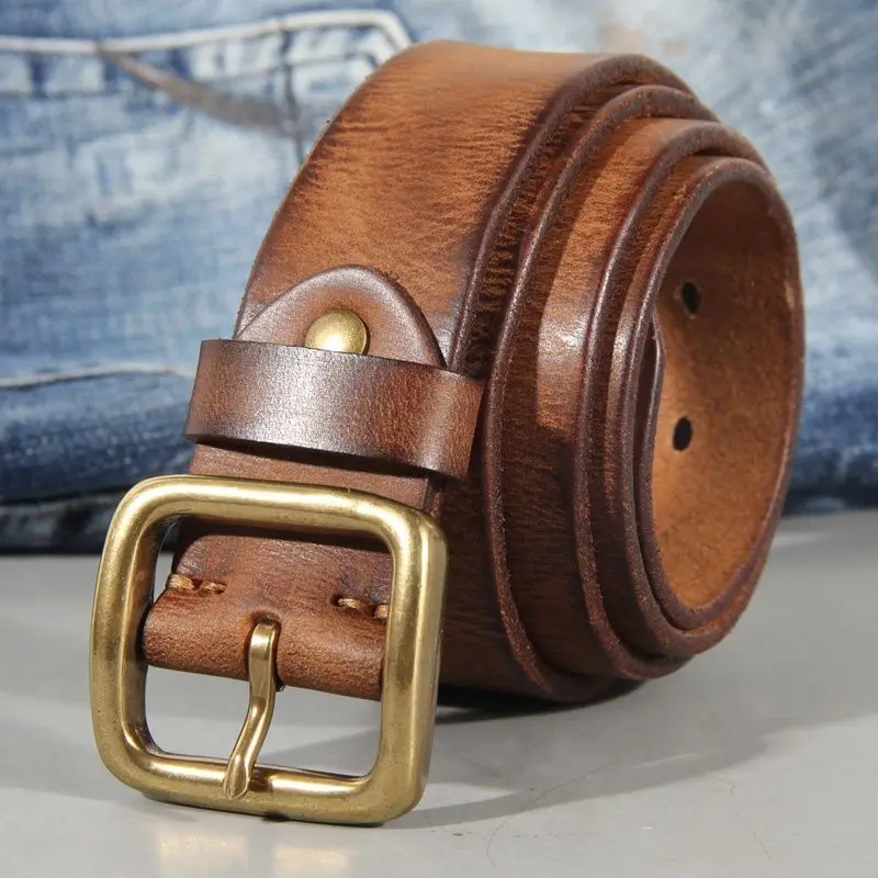 

Vintage copper buckle men's belt, washed jeans with genuine leather, fashionable needle buckle men's top layer cowhide belt,