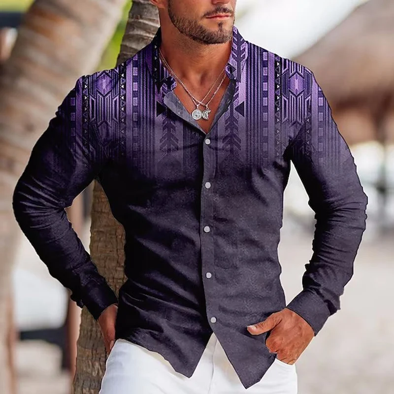 

Social Fashion Shirts For Men Oversized Casual Shirt Line Print Long Sleeve Button Top Men's Clothing Hawaiian Cardigan Blouse