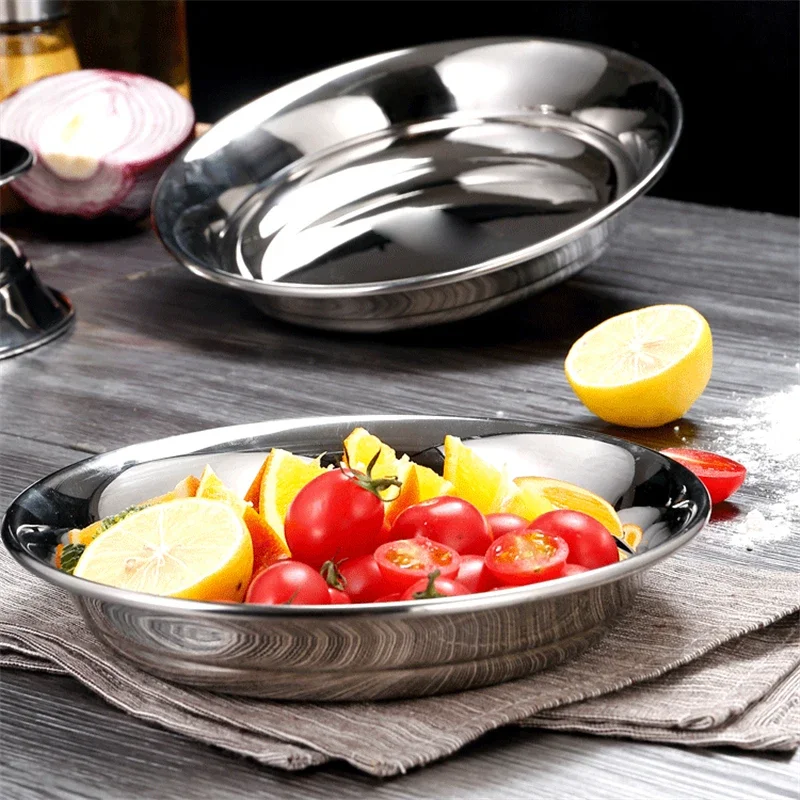 Good Quality 304 Stainless Steel Soup Fruits Dessert Plate Ableware Durable Dish Bowls Kitchen Accessories Bandeja Fish Dish