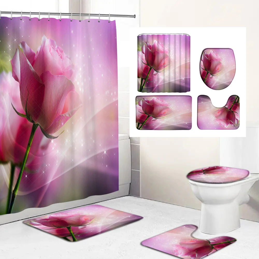 

Rose Flower Shower Curtain Set Non-Slip Rugs Bath Mat Toilet Lid Cover and 12 Hooks Waterproof Polyester Bathroom Decor