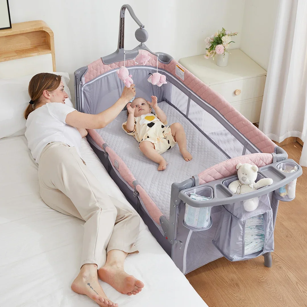 Cheap Hot selling adjustable baby travel folding bed bedside bed crib side with wheels and diaper table for 0-3years