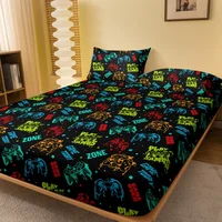1 Cartoon Fun Game  Printed Matte Fitted Sheet, Bedroom Printed Bed Cover, Bedding (Excluding Pillowcases) 1