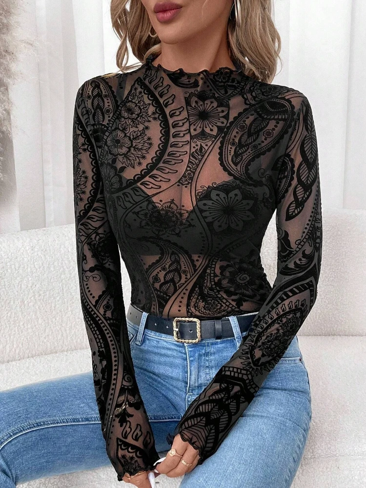 New Fashion Women's Mesh Semi-turtleneck Lace Splicing Long-sleeved T-shirt Elegant Slim-fitting Casual Blouse Woman Clothing