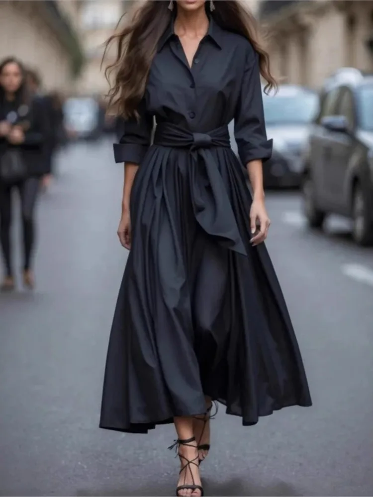 قميص نسائي بلون واحد فساتين طويلة مزاجه أنيقة التل...