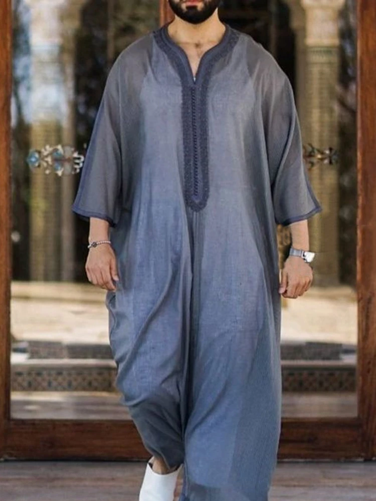 Thin Muslim Fashion Clothing Linen Gray Robe Cotton Linen Loose Casual Muslim Robe Stock for Young People 2023 New