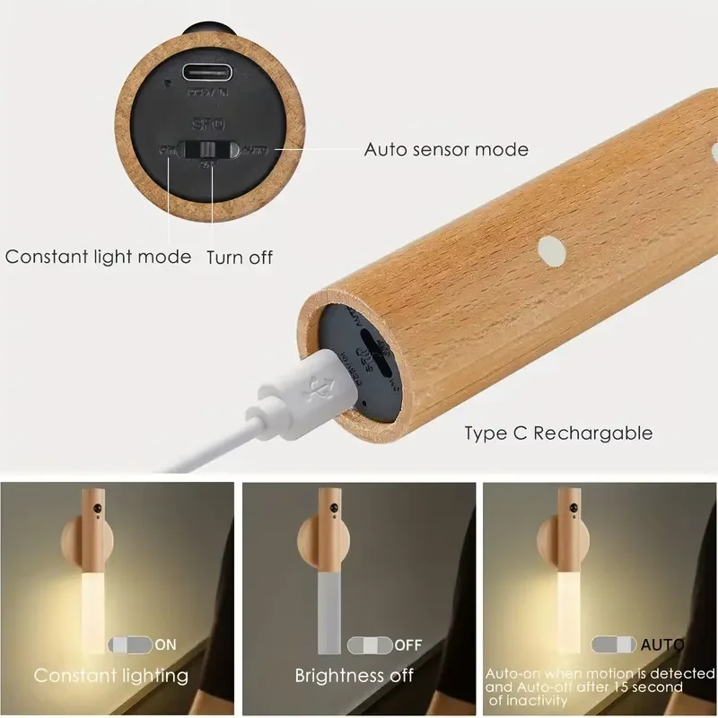 LED Rechargeable Magnetic Night Light Wood Wall Lamp Kitchen Cabinet Light Creative Smart Automatic PIR Motion Sensor wall light led wall lamp motion sensor light magnetic suction lamp cabinet light led light