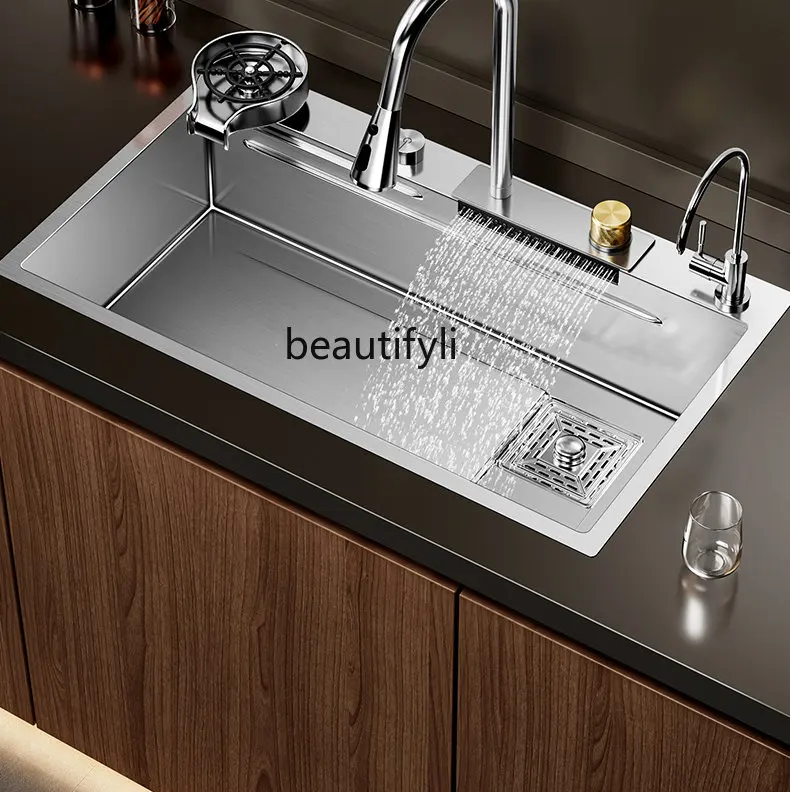 

cqy Nano 304 Large Single Sink Waterfall Kitchen Faucet Stainless Steel Hand Sink Pool Washing Basin