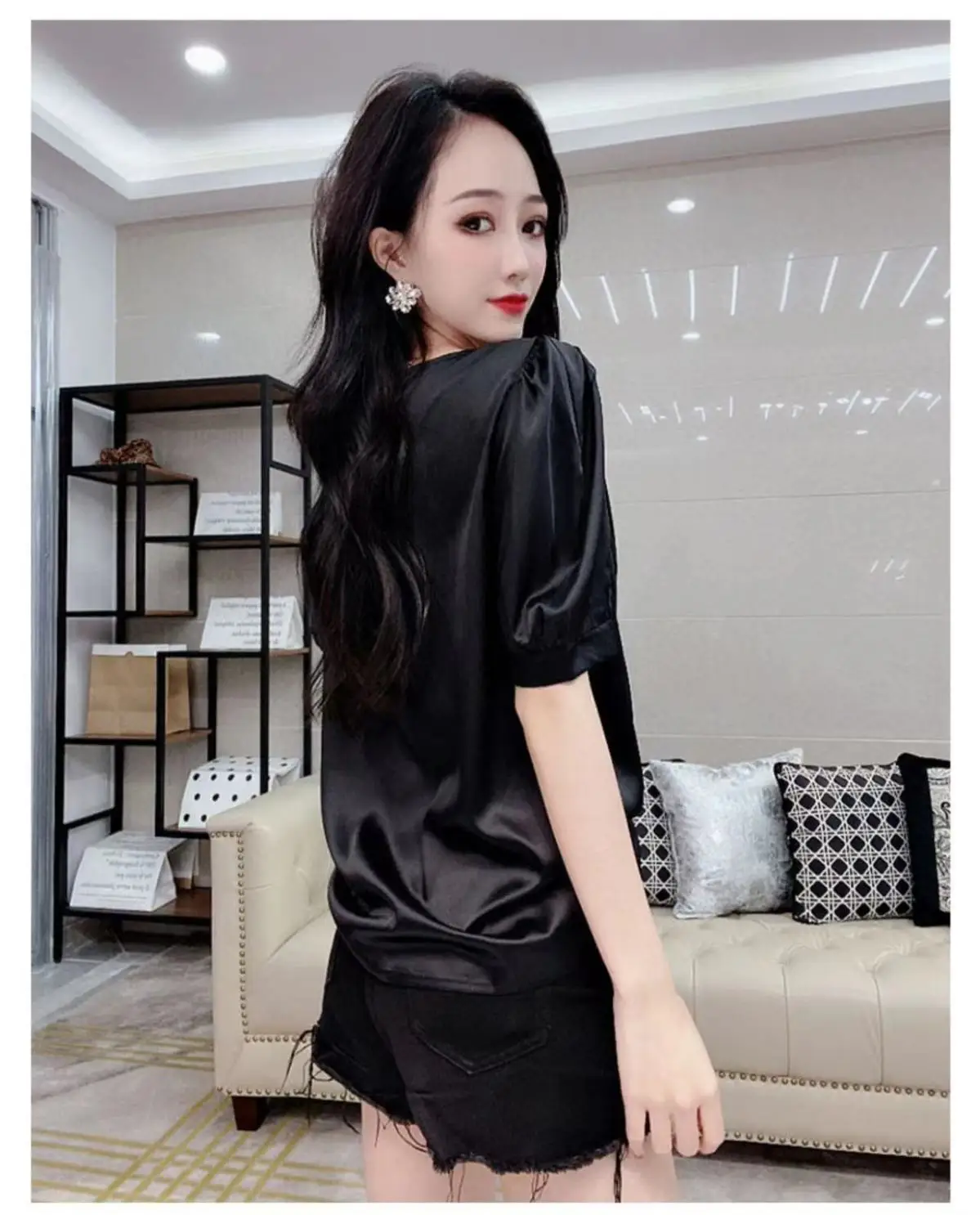 Clothing Black Women's Shirts and Blouses V Neck Top for Woman Button Up Sexy Short Sleeve Elegant Youth Sale of Fine Y2k M Cool