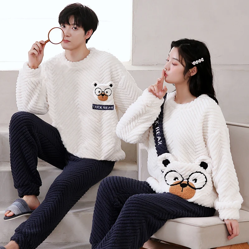 

New Flannel Sleepwear Women Men Winter Warm Fleece Couples Cute Cartoon Pajamas Set Lovers Kimono Pijamas Home Clothes