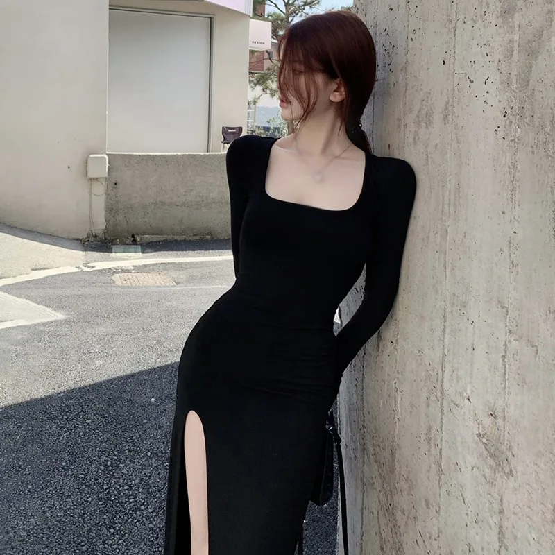 

Split Ends Korean Dress Square Neck Sexy Slim Fit Hip Wrapping Waist Tight Bottoming Inner Wear Mid-length Slimming