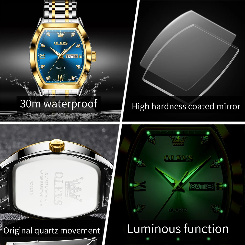 OLEVS Brand New Fashion Tonneau Dial Quartz Watch Men Stainless Steel Waterproof Week Date Mens Watches Top  Luxury Wristwatches