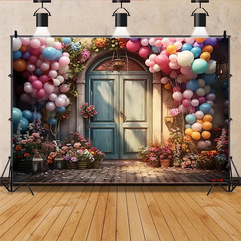 

SHUOZHIKE Valentine's Day Photography Backdrops Props Bokeh Rose Wedding Red Heart Door With A Balloon Arch Background AL-26