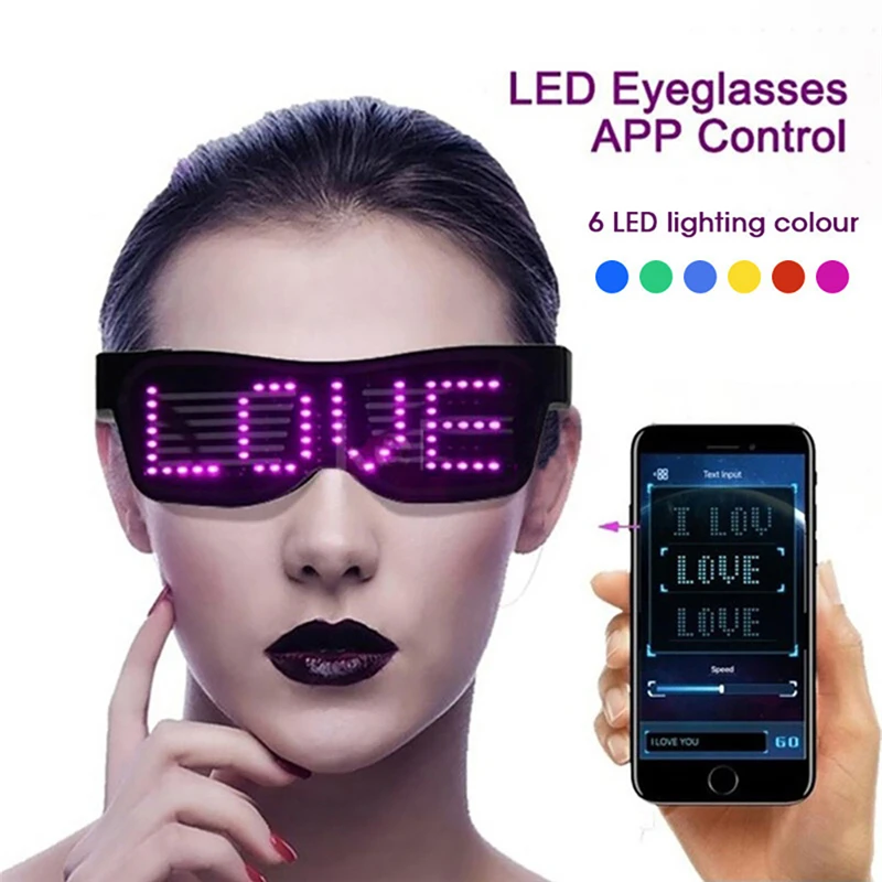 

App Control Bluetooth Led Party Glasses Customized Languages USB Charge Flashing Luminous Eyewear Christmas Concert Sunglasses