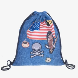 New 3D Printed Drawstring Bag Jeans Pathed Fashion Mochila Cuerda Out Door Drawstring Backpack Women Men Modis String Bag Girl