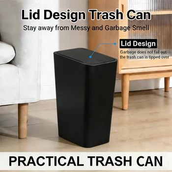 10L Bathroom Trash Can Small Garbage Bin with Press Top Lid for Toilet Bedroom Living Room Plastic Wastebasket with Pop-up Lid