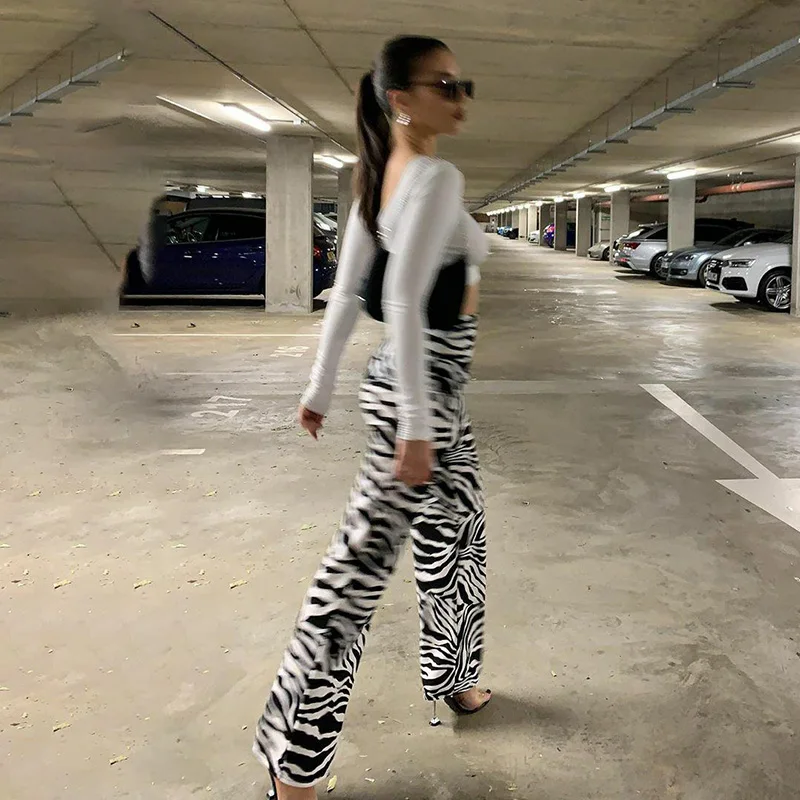 Women Zebra Print Wide Leg Pants Casual Streetwear