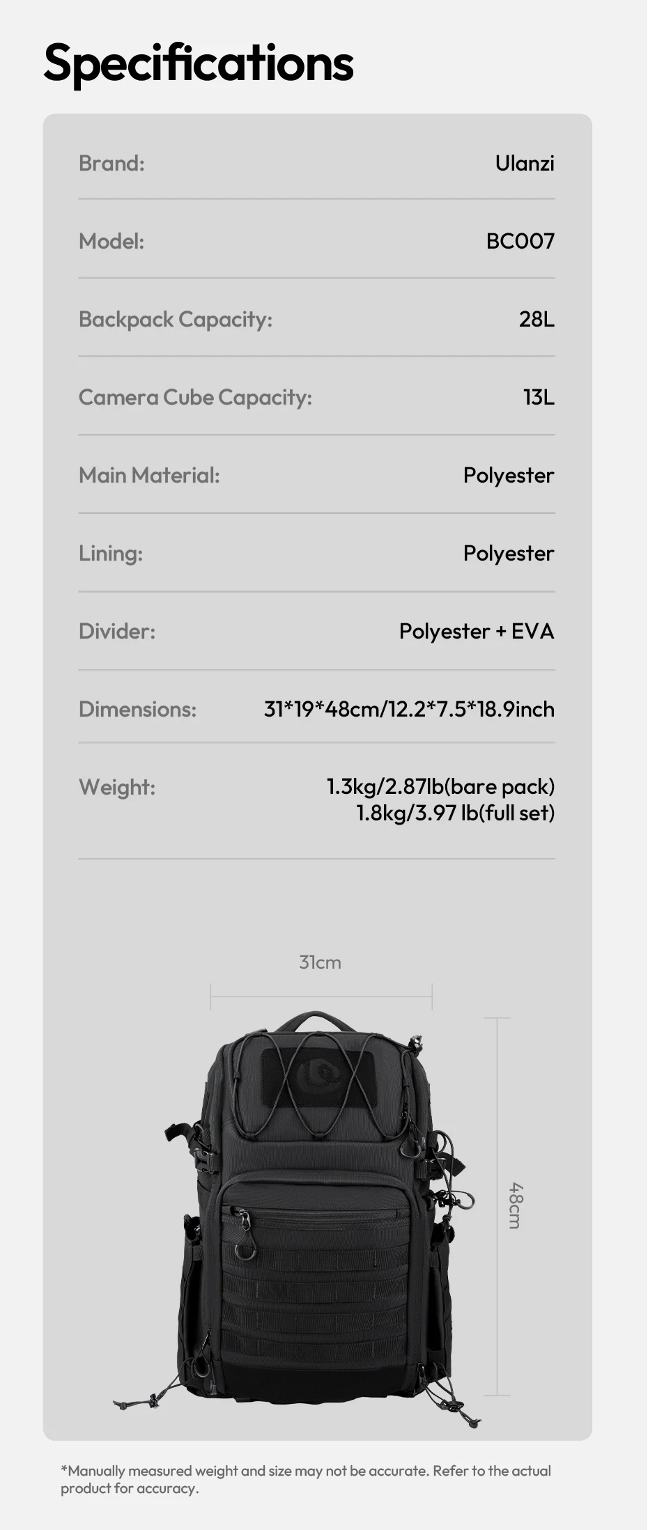 Tactical Camera Backpack 28L with Side Pockets Dividers U-Shaped Opening Foldabl