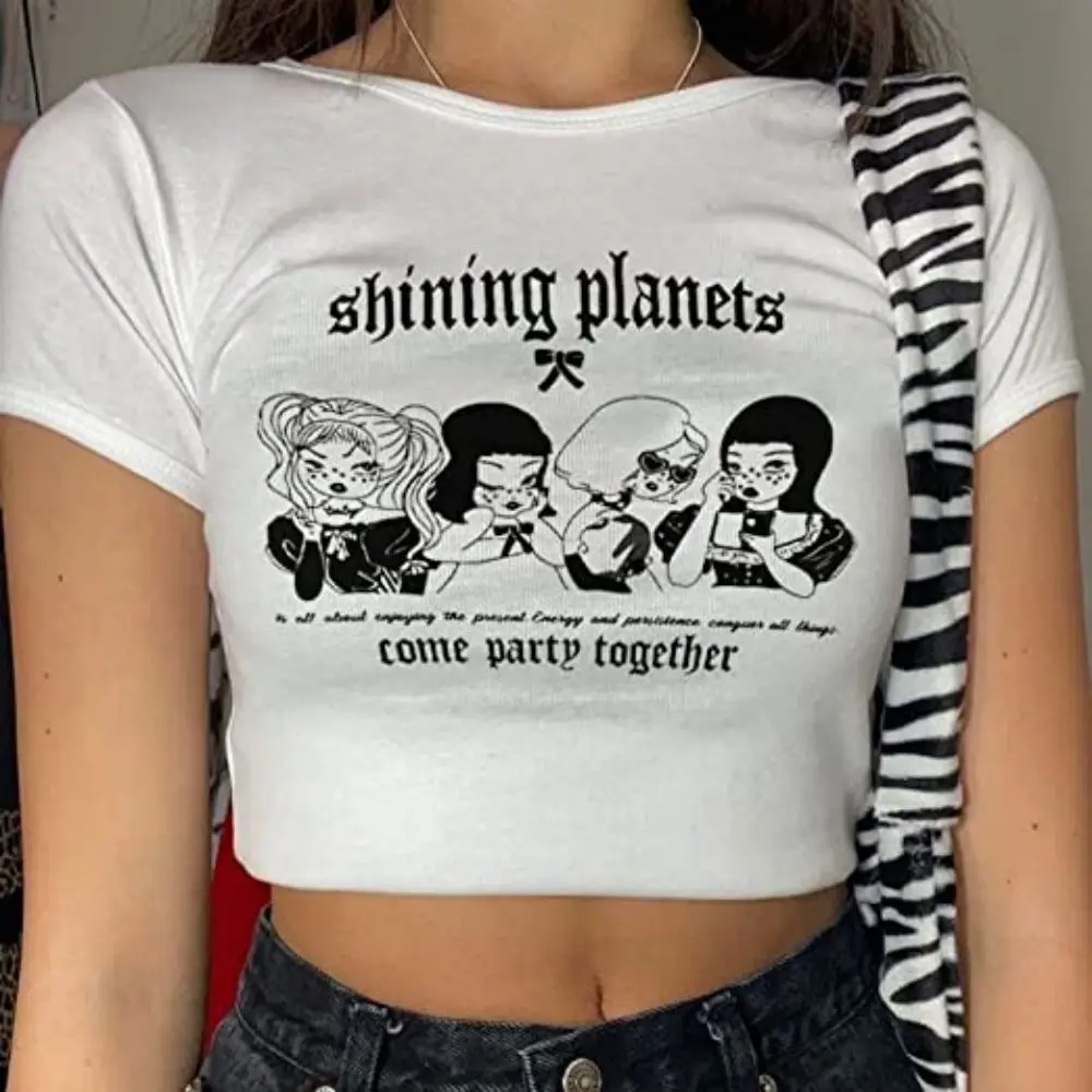 Printcess Damen Sommer Cool Bequem Casual Kurzarm T-Shirts Y2K Grafikmuster Druck Vintage Mädchen Crop Top761_voghion.com