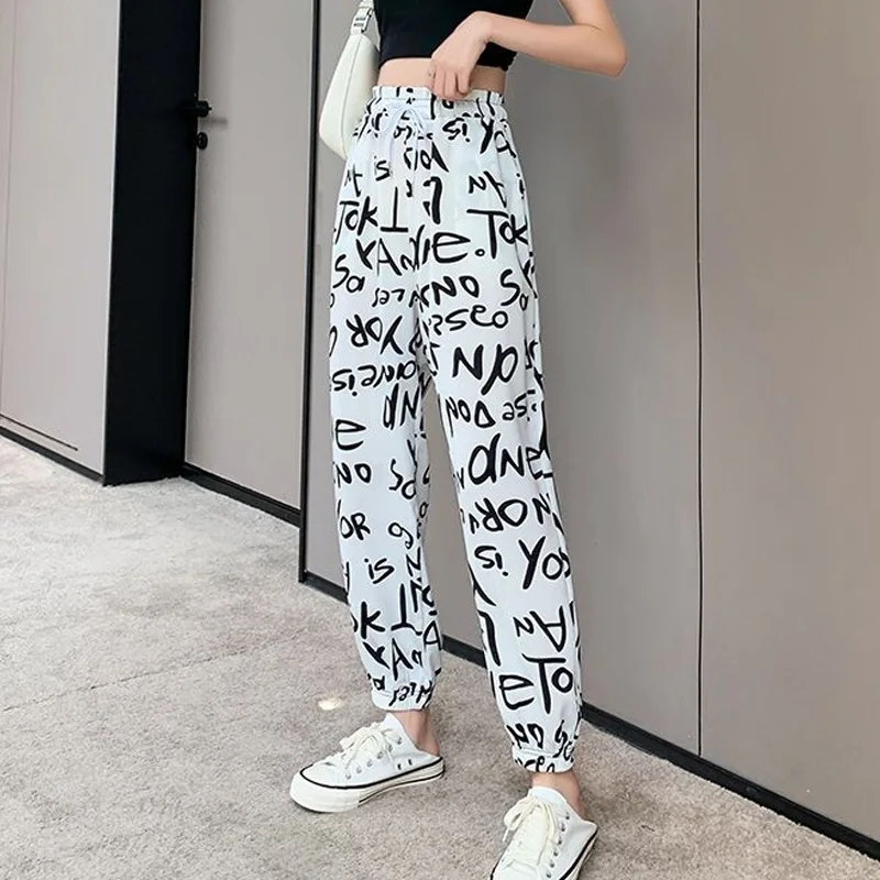 2024 New Summer Minimalist Casual Loose Oversized High Waisted Letter Print Ice Silk Sports Leggings Harlan Pants for Women
