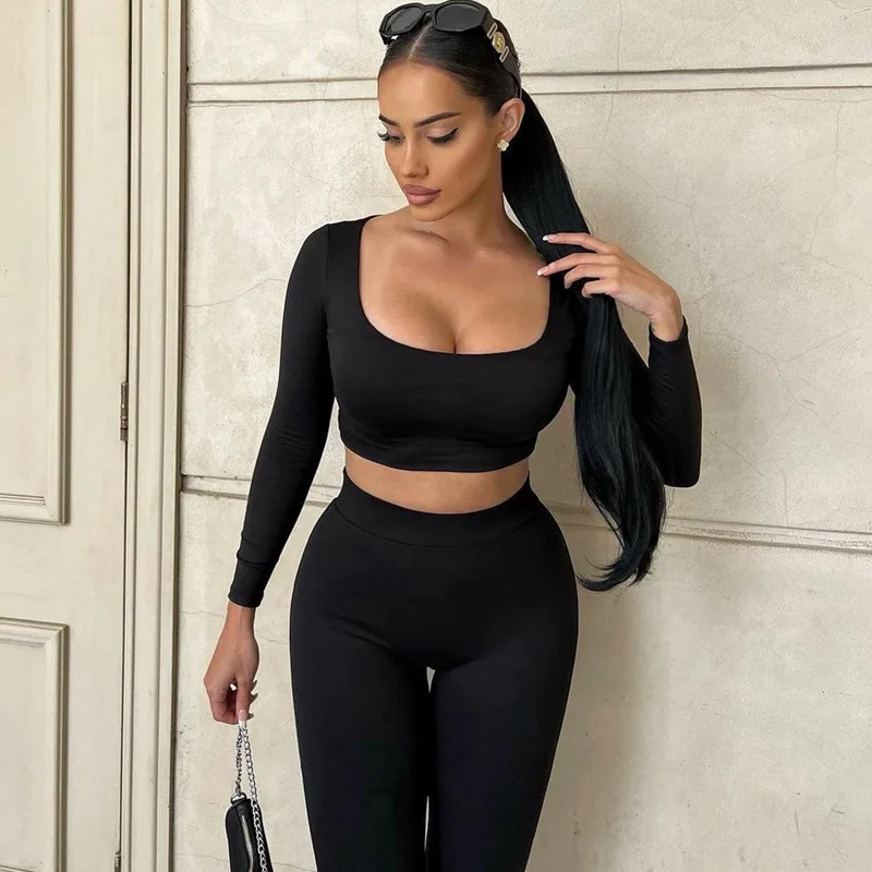 Two Piece Set Sport Outfit For Woman Long Sleeve Top And Leggings Pants Sets Autumn Solid Fitness Gym Set Women