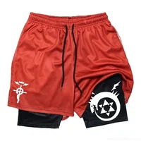 Anime Print Two-in-one Men's Elastic Double-layer Shorts Summer Quick-drying Running Fitness Compression Sports Shorts M-3XL 1