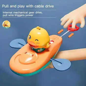Wind-Up Canoe Bath Toy with Baby Duck - Pull String Rowing Action for Bathtub & Beach Play, Girls Kids Infants 2