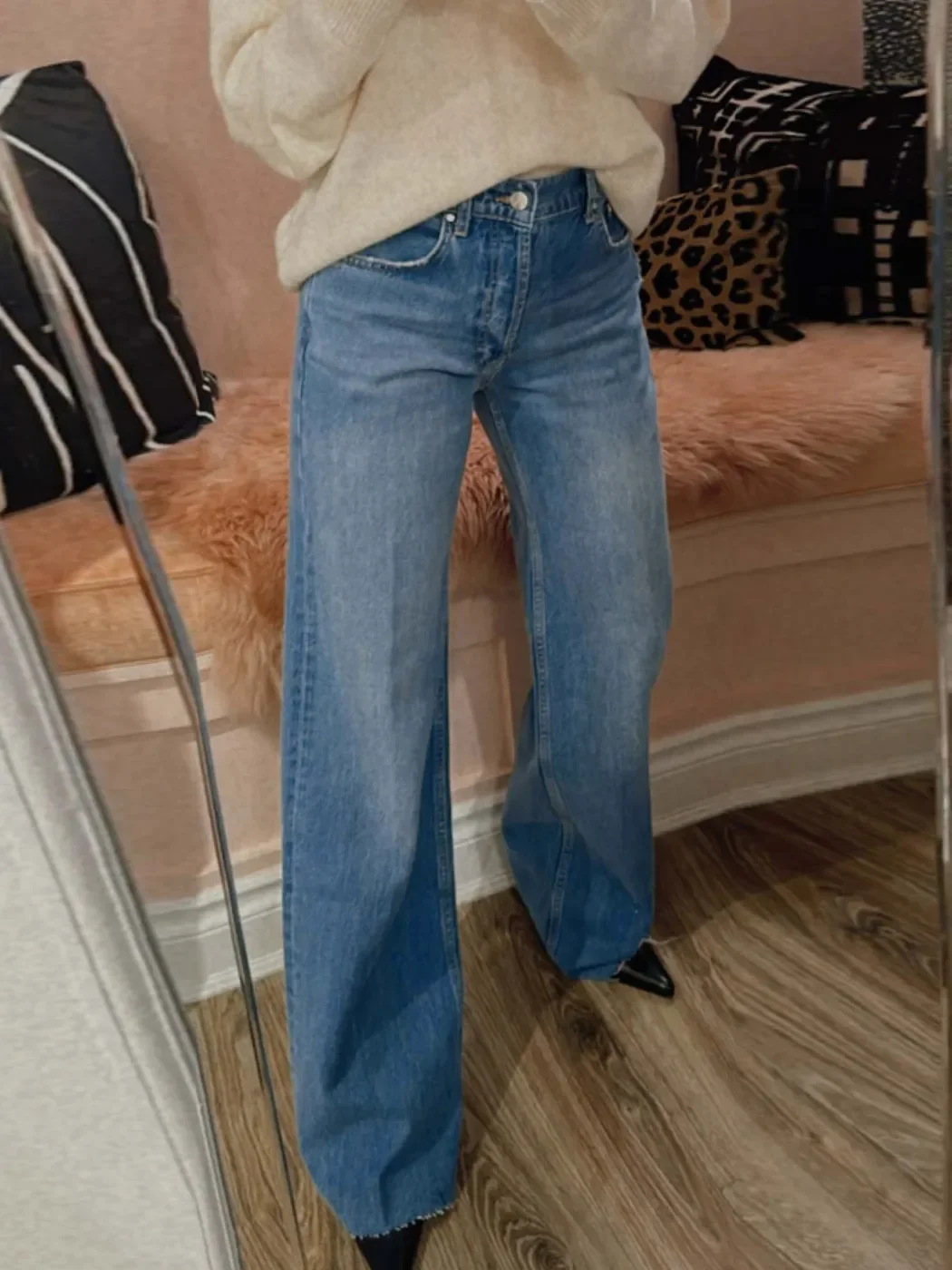 

Raw-Edge Hem Jeans for Women High Waist Straight Vintage 2023 Autumn Cotton Denim Pants