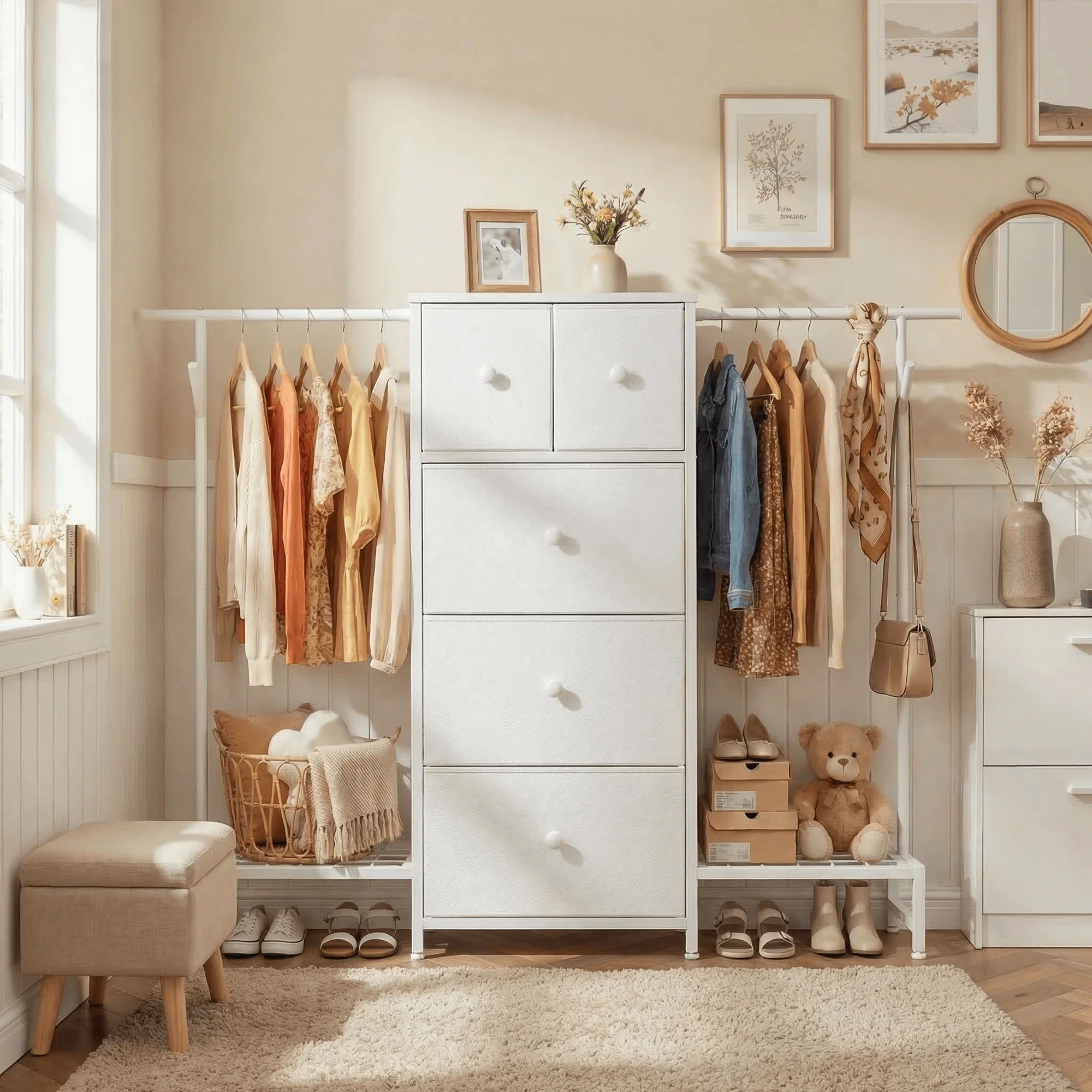 3-in-1 Dresser & Hanging Rack – 57.8" Wide with 5 Drawers & Shoe Rack, Side Hooks for Bedroom Storage and Walk-in closet