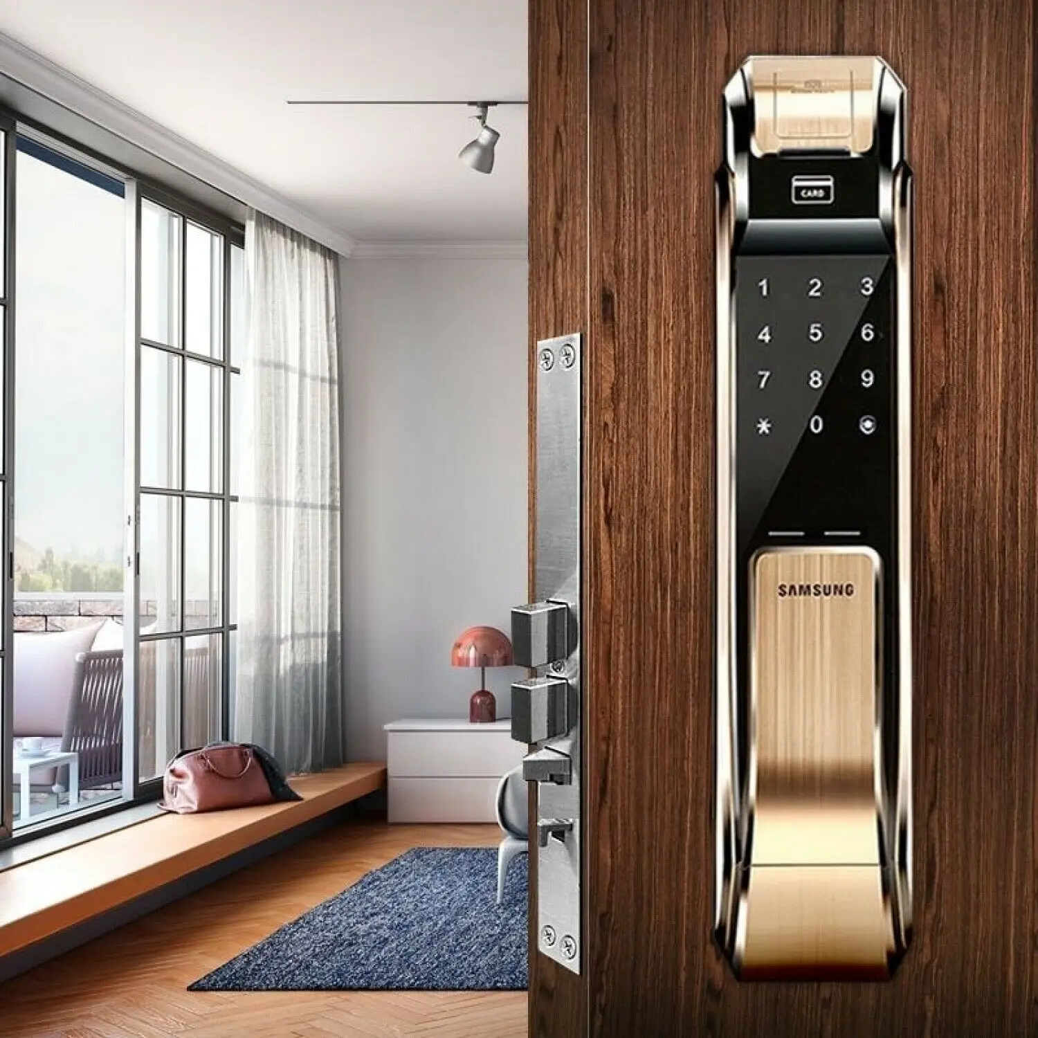 

Samrt Samsung SHS-P718 Fingerprint Digital Door Lock Push/Pull Door Lock Gold Color Security Home Lock Wooden Password Lock