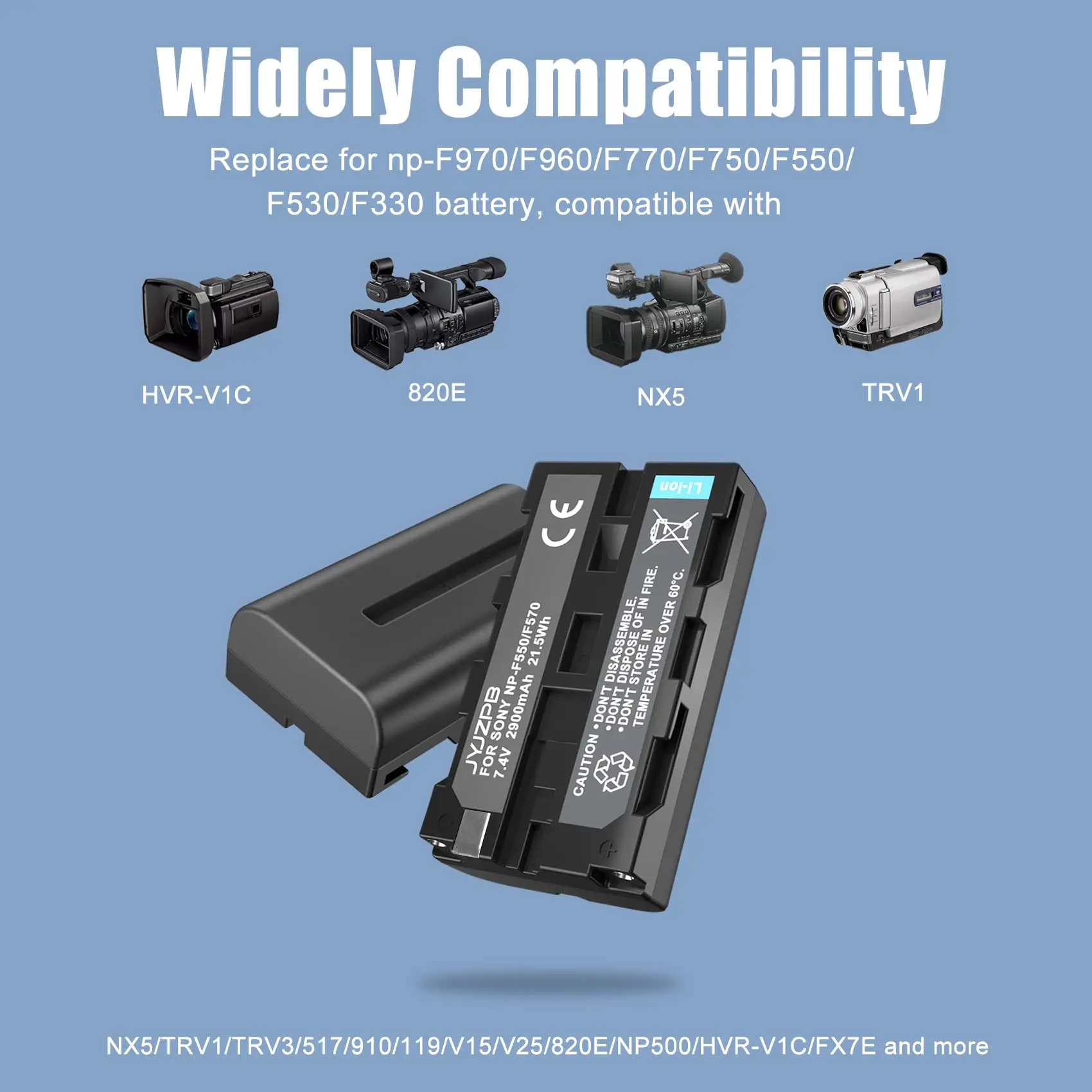 JYJZPB Set di 2 batterie e caricabatterie NP-F550 compatibili con fotocamera Sony NP-F970 NP-F750 NP-F770 NP-F960 NP-F550 NP-F530 NP-F570 CCD-SC55 TR516 TR716 TR818 TR910 TR917, luce LED, monitor