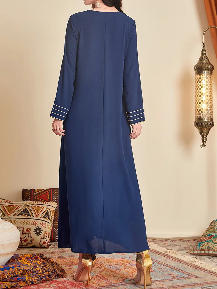 Muslim Embroidery Fashion Loose Evening Dress Vintage Women Embroidery Abaya Casual Long Sleeves V-Neck Blue Ladies Dresses