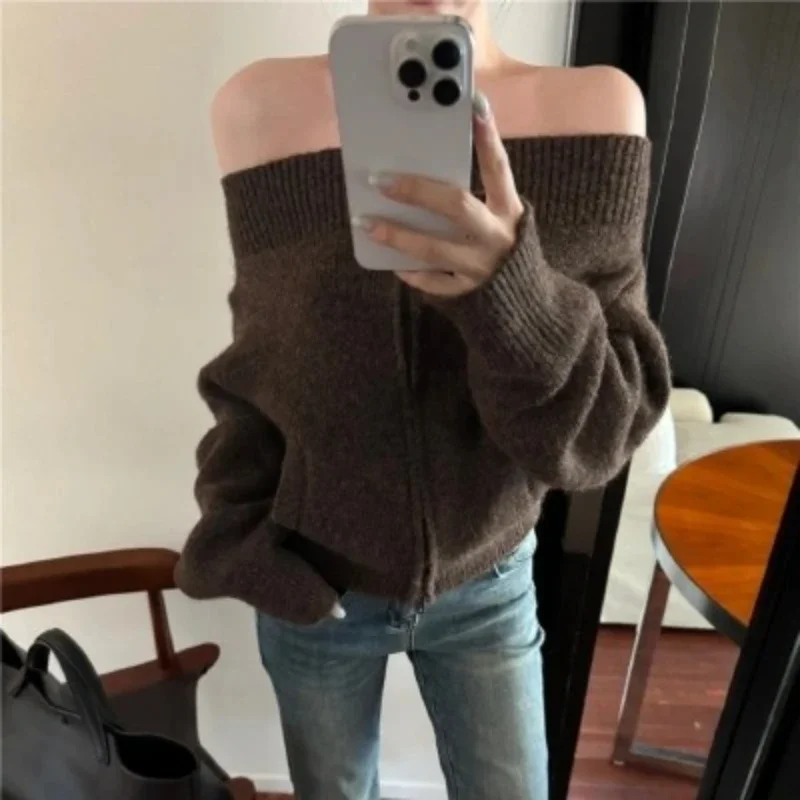 Y2k New Autumn Women's One-word Shoulder Long-sleeved Sweater Sexy Zipper Cardigan Solid Color Slim-fit Knitwear Top