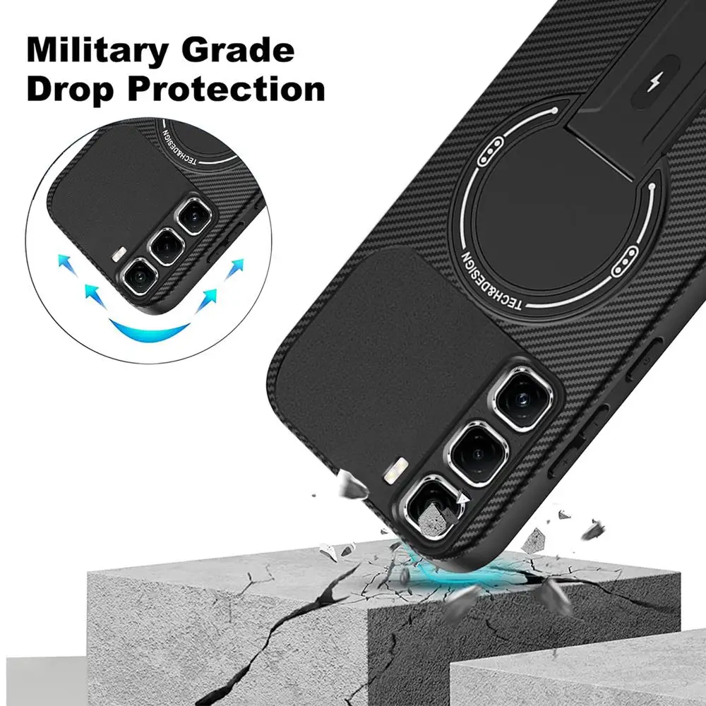 Carbon Fiber Pattern Stand Holder Case with Magnetic Wireless Charging Cover