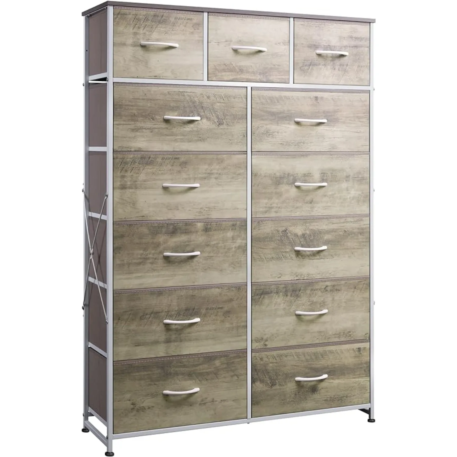 

Tall Dresser w/ 13 Drawers, Storage Dresser Organizer Unit, Closet, Chest w/ Fabric Bins, Steel Frame, Wood Top, Greige Oak