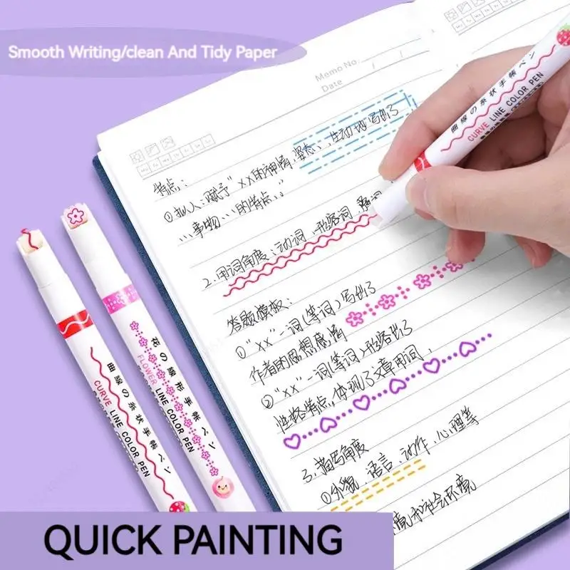 6Pcs/Set Cute Flowers Line Shaped Highlighter Pen Roller Tip Curve Liner Marker Kawaii For Writing Journaling Drawing Stationery