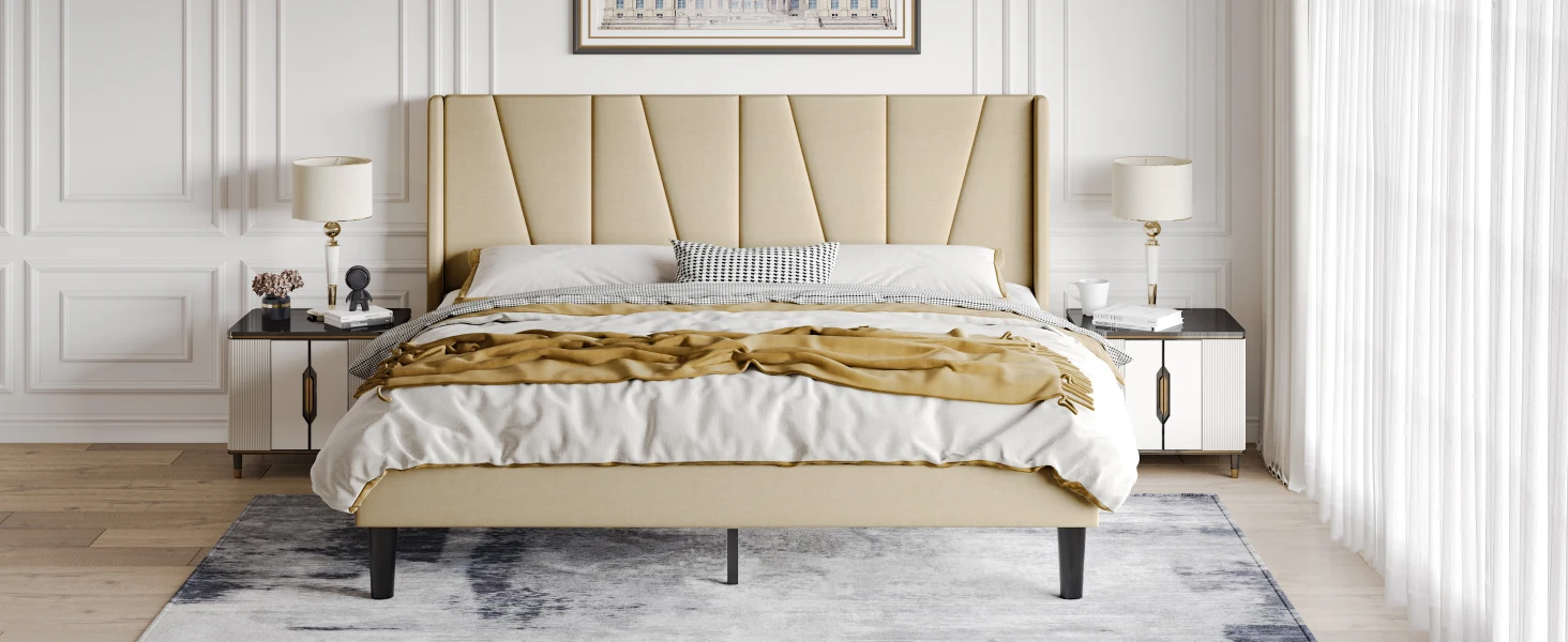 HOOMIC Platform Bed Frame with Geometric Wingback Headboard, Wooden Slats Support, No Box Spring Needed Allewie