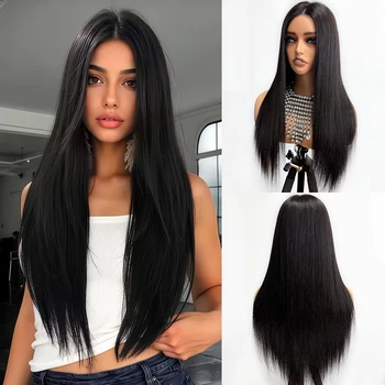 Parrucche Lunghe e Lisce in Capelli Umani per Donne, 10x12cm, Top in Seta, Frontale in PU, Senza Colla, Regolabile, Nero Naturale, per Uso Quotidiano