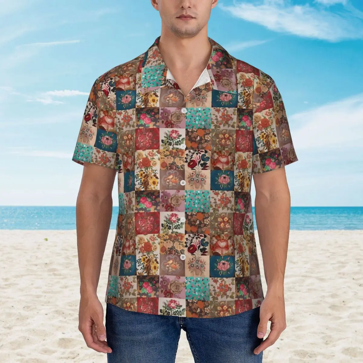 

Hawaiian Shirt Vacation Gypsy Patchwork Print Blouses Floral Retro Casual Shirts Male Short Sleeve Harajuku Tops