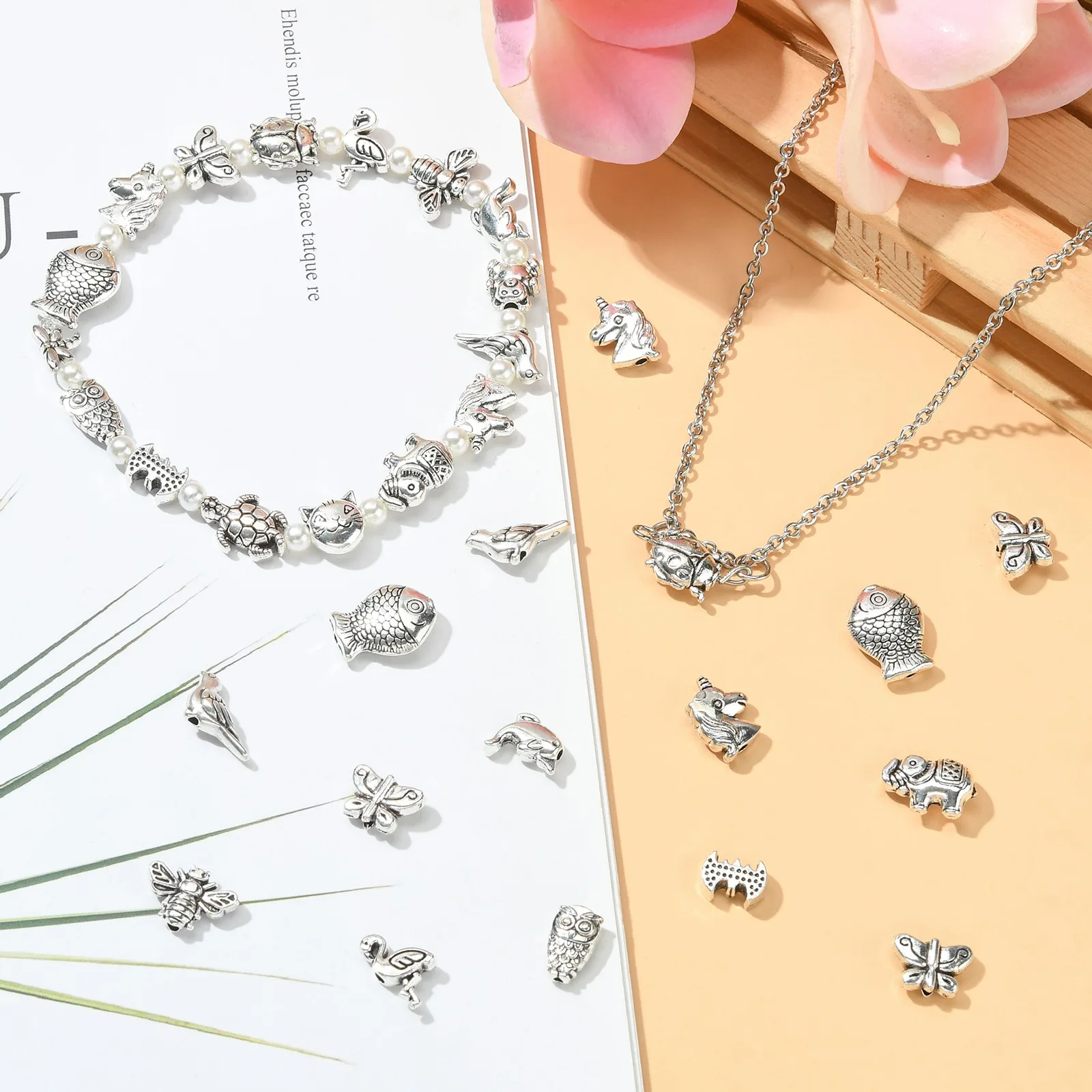 150Pcs Mixed Styles Antique Silver Animal Spacer Beads Tibetan Style Bear Owl Cat Fish Beads for Bracelet Jewelry Craft Making