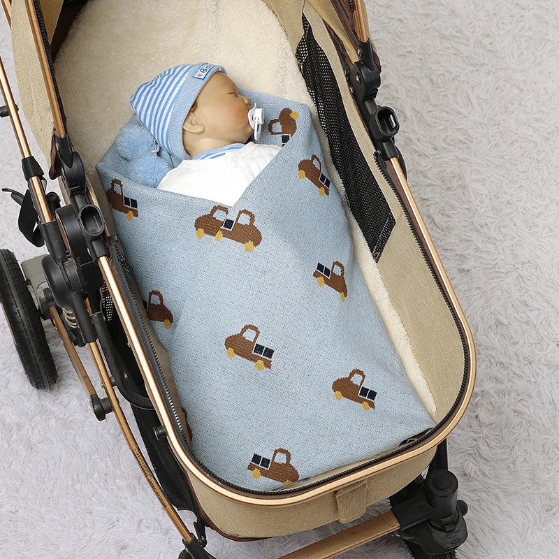 Baby Blanket Knit Infant Stroller Swaddling Super Soft Newborn Girls Bed Boy Crib Quilt Cute Cartoon Truck Plaid 90*70CM Covers
