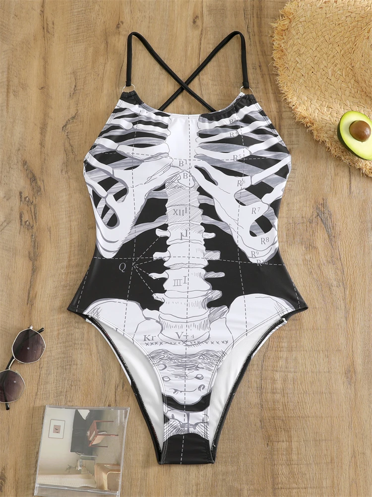 One Piece Swimsuit Women 2024 New Sling Bone Print Sexy Bodysuit Monokini Swimwear Summer Backless Beachwear Bathing Suit Female