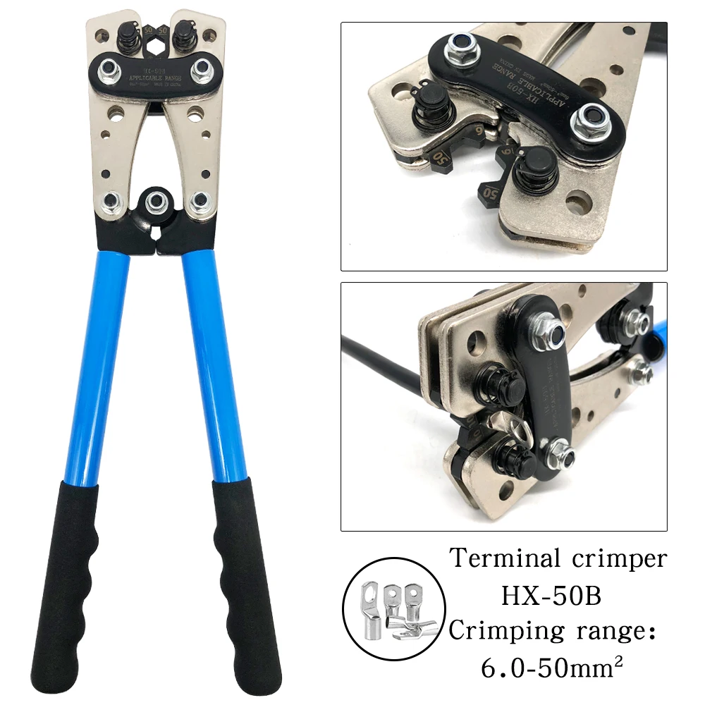 

Cable Crimping Tool Kit Copper Ring Terminal Crimping Pliers HX-50B 6.0 - 50mm2 Automotive Battery Connector 60/100PCS BOX