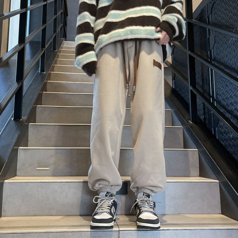 Men\'s Clothing Simplicity Versatile Autumn and Winter New Fashion Drawstring Splice Pockets Solid Color Mid Waist Casual Pants