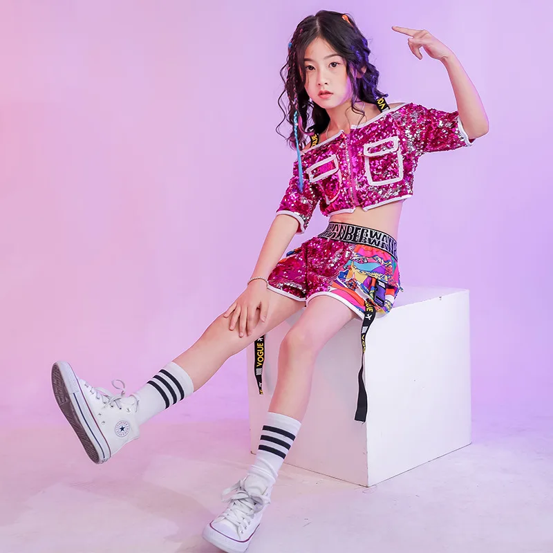 Girl Dance Costume Children Costumes Costumes For Kids Jazz Ballroom Dancing Clothes Wear Hip Hop Clothes For Girls Sequins Rose Shirt Tops Short Pants Carnaval